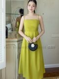  Đầm xanh bơ hai dây xếp ly ngực 