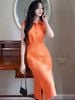 Đầm cam eo xếp ly