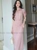 Set áo váy hồng tay hoa
