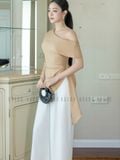  Set áo quần nude trắng lệch vai 
