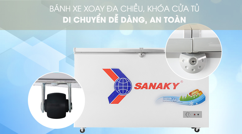 Trang bị bánh xe, khóa an toàn tiện lợi - Tủ đông Sanaky 305 lít VH-4099A1 Trang bị bánh xe, khóa an toàn tiện lợi - Tủ đông Sanaky 305 lít VH-4099A1