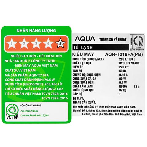  Tủ lạnh AQUA Inverter 186 lít T219FA (PB) 