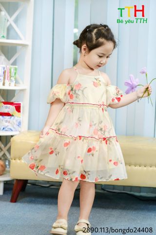  Đầm tay chuông rớt vai bé gái 2-8t 