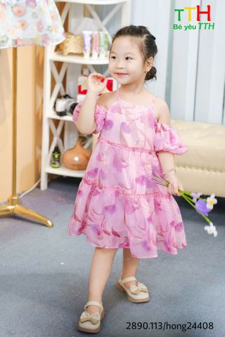  Đầm tay chuông rớt vai bé gái 2-8t 