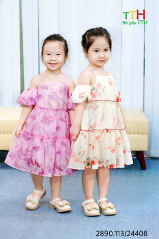  Đầm tay chuông rớt vai bé gái 2-8t 