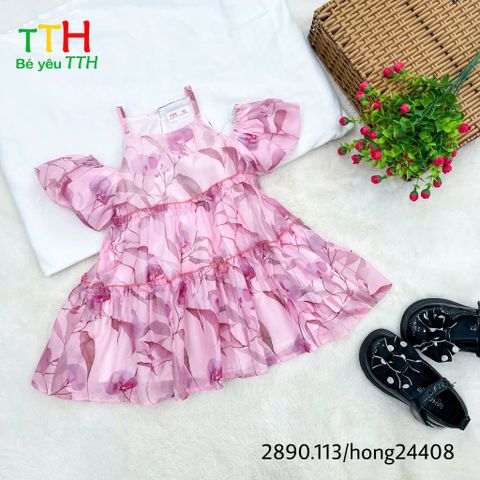  Đầm tay chuông rớt vai bé gái 2-8t 