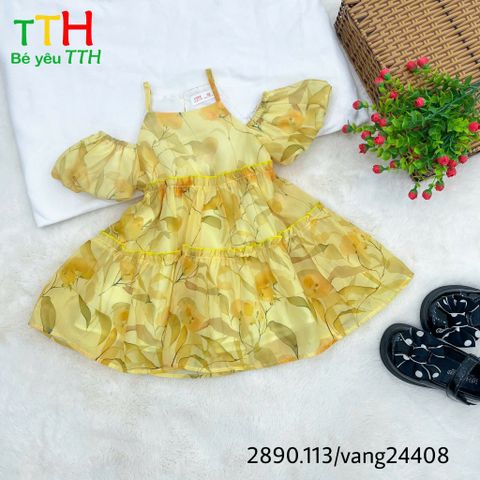  Đầm tay chuông rớt vai bé gái 2-8t 