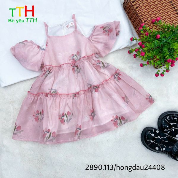  Đầm tay chuông rớt vai bé gái 2-8t 