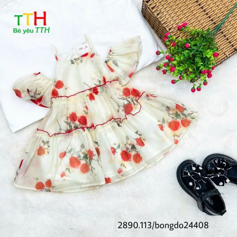  Đầm tay chuông rớt vai bé gái 2-8t 