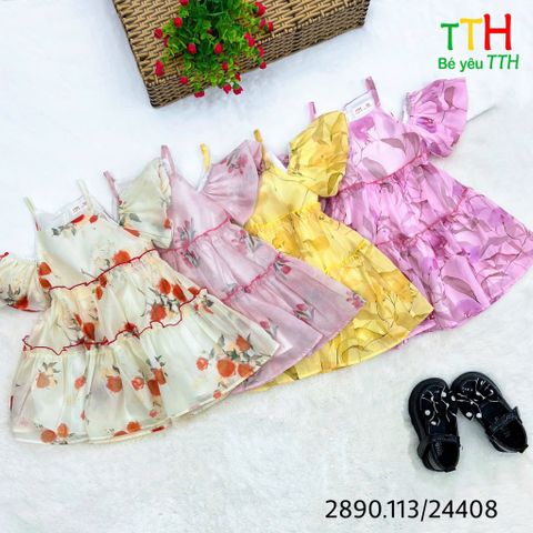  Đầm tay chuông rớt vai bé gái 2-8t 