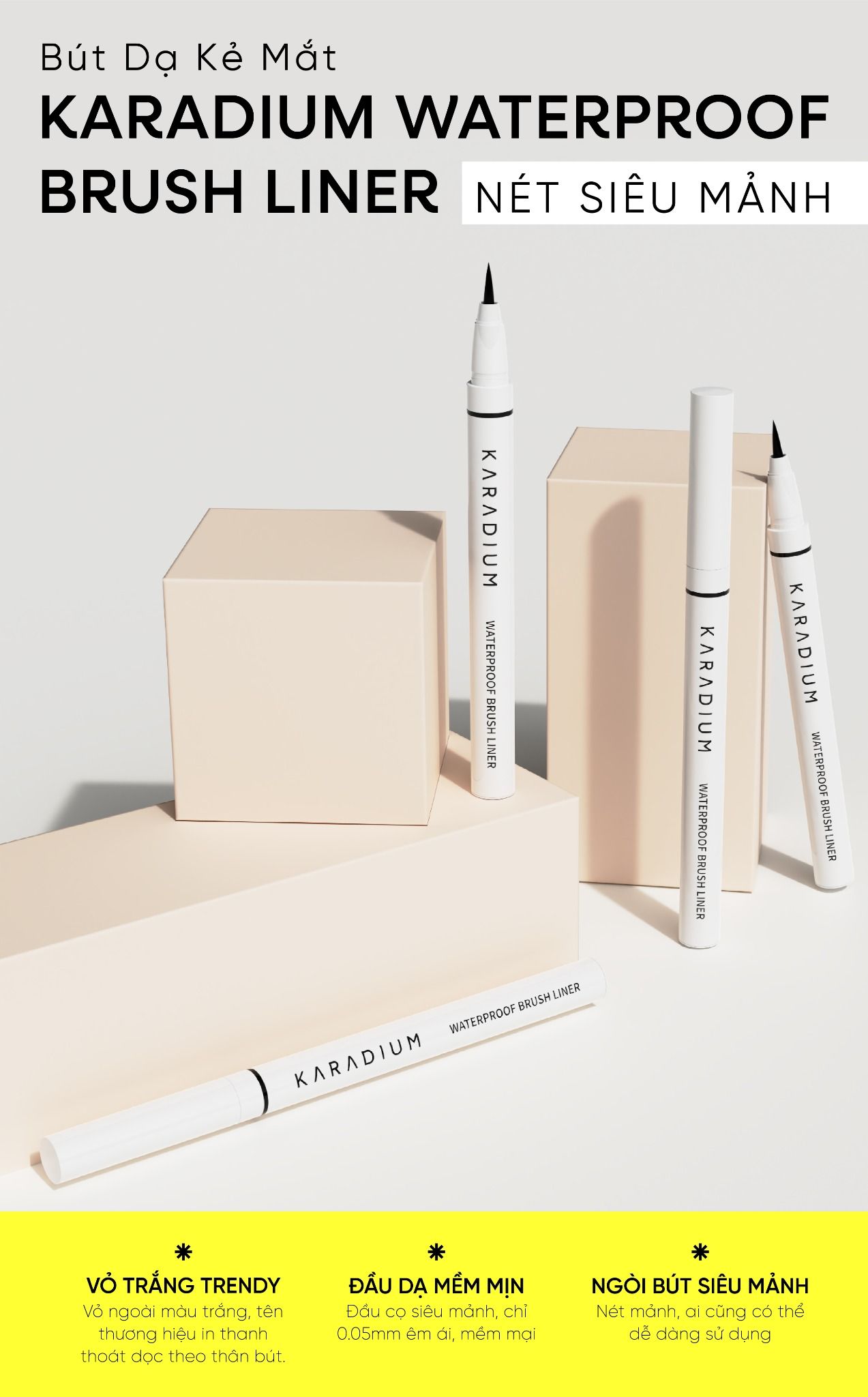 Bút dạ kẻ mắt Karadium Waterproof Brush Liner vỏ trắng siêu mảnh