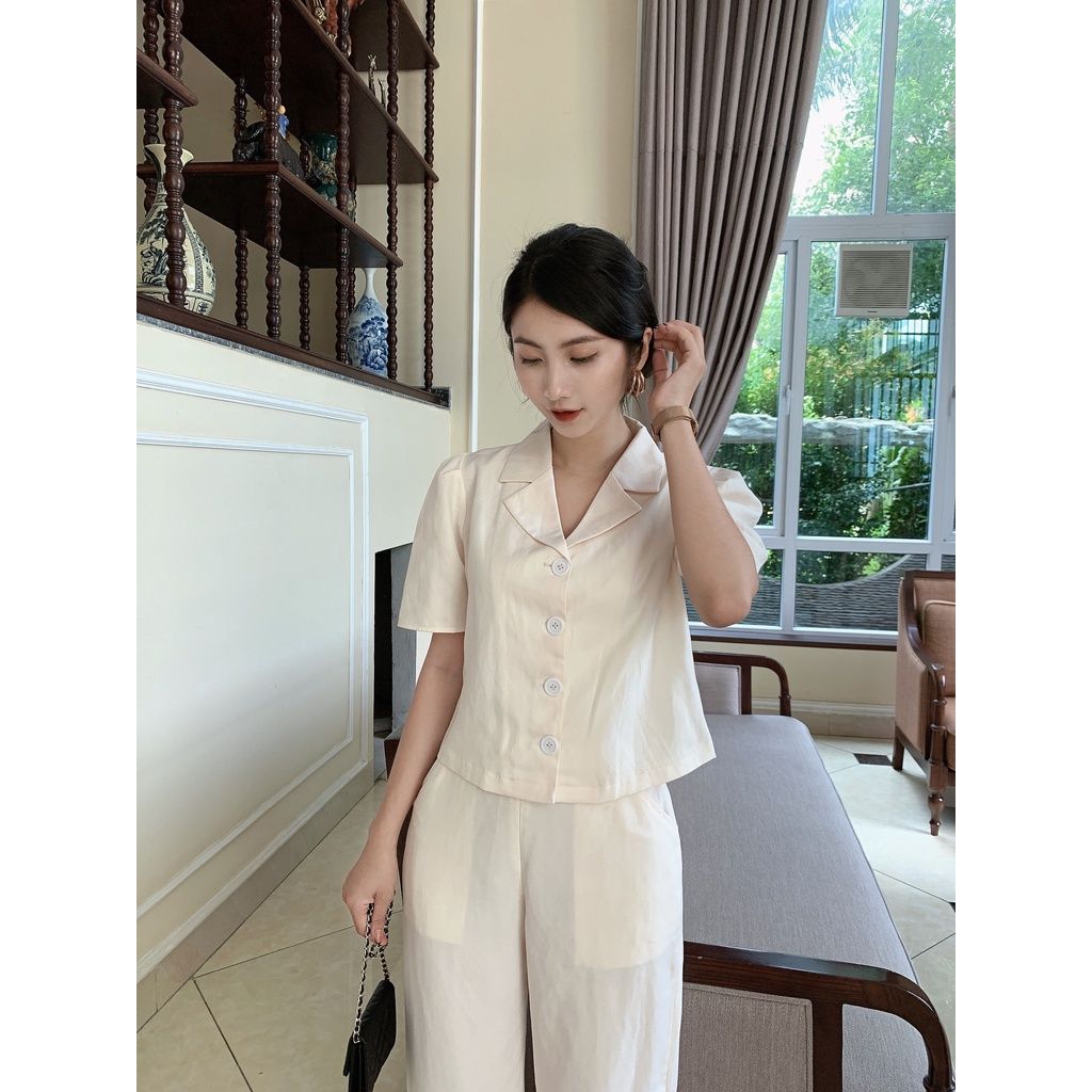  Set linen cổ vest sang trọng dáng ngắn MOZLLA mã MLB02CV 