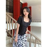  Sơ mi linen crop top cổ vuông màu đen thanh lịch Mozlla mã MLA 01VC 