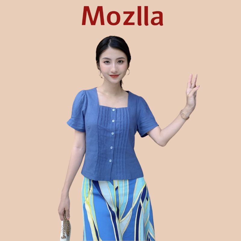  Sơ mi linen crop top cổ vuông màu xanh jean thanh lịch Mozlla mã MLA 02VJ 