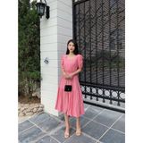  Đầm cổ vuông linen xước Nhật trẻ trung màu hồng thương hiệu Mozlla 