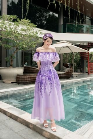 Đầm maxi voan ngang vai tím pastel