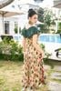 Đầm maxi hoa anh túc phối tơ bóng xanh