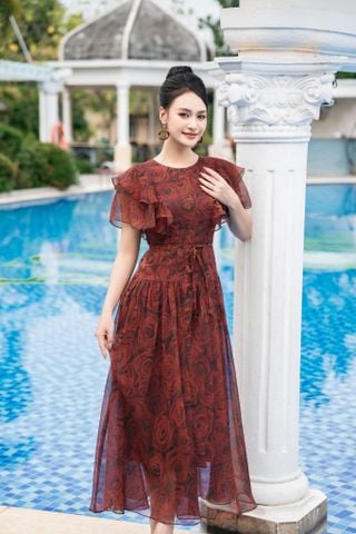 Đầm maxi nâu họa tiết hoa