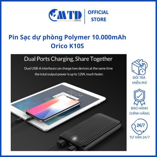 Pin Sạc dự phòng Polymer 10.000mAh Orico K10S - Bảo hành 12 tháng