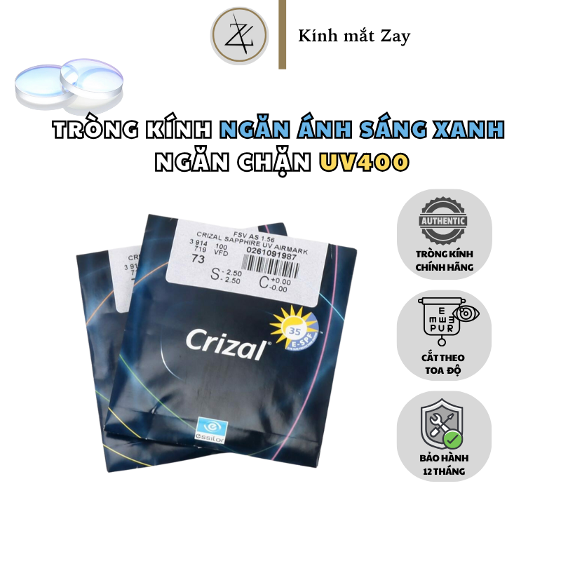  Tròng Kính cận loạn siêu mỏng Pháp Essilor Crizal Sapphire 360° ngăn ánh sáng xanh Blue UV Capture chính hãng 