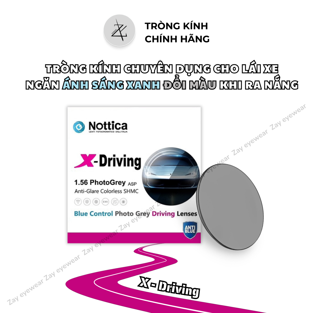  Tròng kính Chuyên dụng cho lái xe giảm chói đèn xe Đổi màu Chống ánh sáng xanh 1.56  Nottica Italy chính hãng 