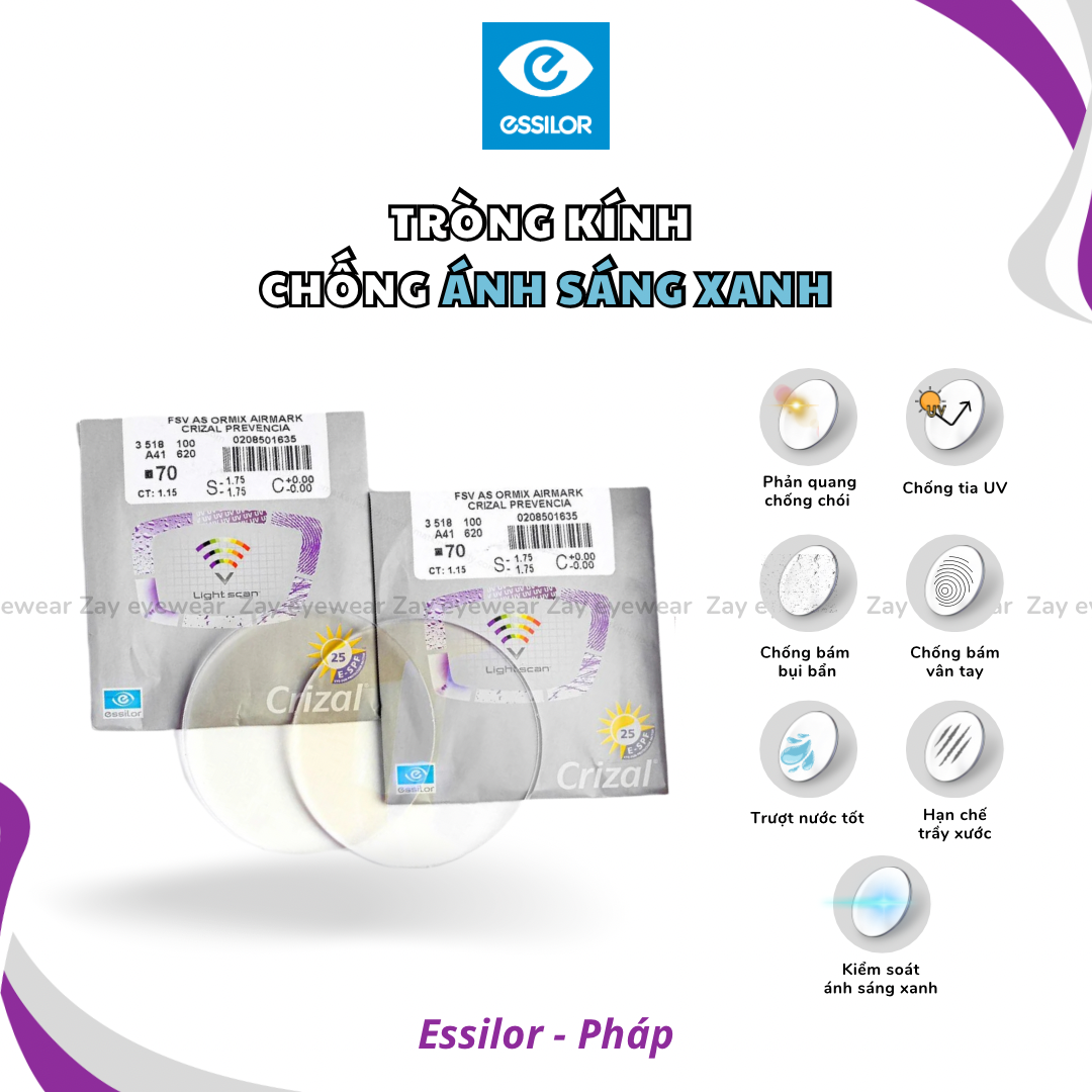  Tròng kính Essilor Pháp Crizal Prevencia ngăn ánh sáng xanh chống tia UV  - Pháp chính hãng 