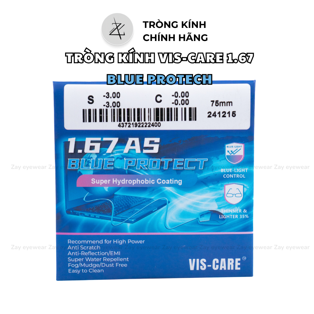  Tròng kính Chống ánh sáng xanh Siêu mỏng 1.67 Vis Care Singapore AS Blue Protect chính hãng 