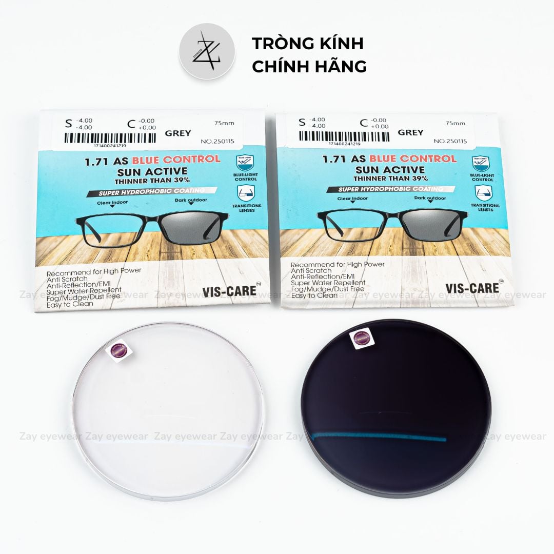  Tròng kính Đổi màu Lọc ánh sáng xanh Siêu Mỏng 1.71 Vis Care Singapore Sun Active chính hãng 