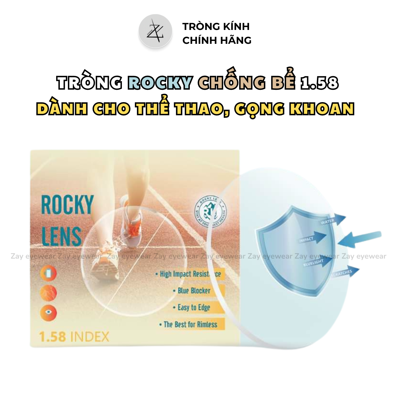Tròng Kính Chống Bể Chống Ánh Sáng Xanh dành cho thể thao Rocky 1.58 Blue Protect INDEX chính hãng