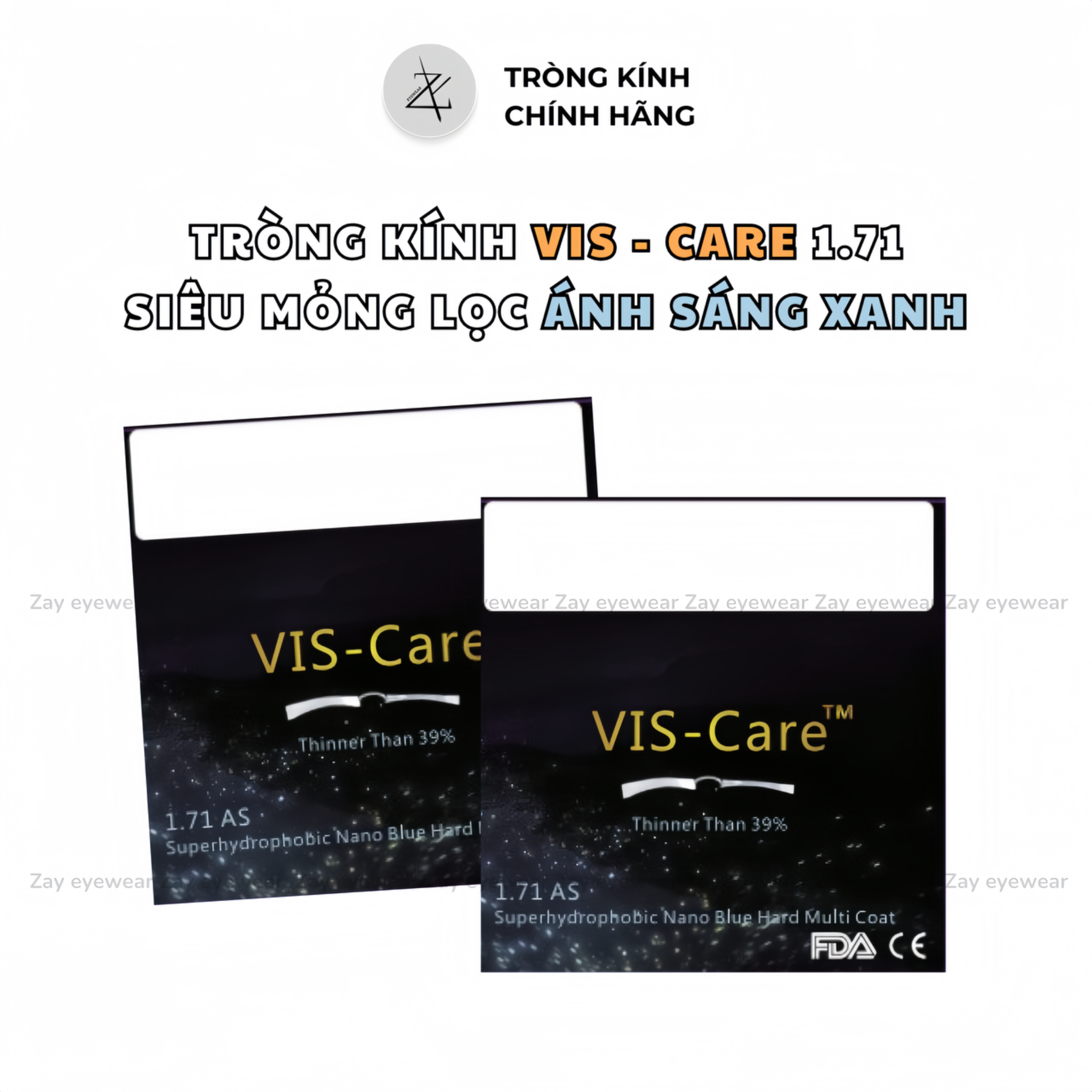  Tròng kính Chống ánh sáng xanh Siêu mỏng 1.71 Vis Care Singapore Nano SHMC chính hãng 