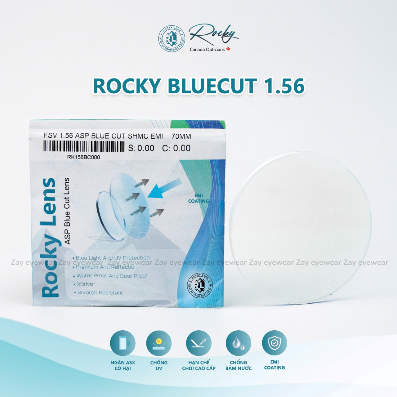  Tròng kính Chống ánh sáng xanh Siêu mỏng Rocky Canada 1.56 1.61 1.67 SHMC chống tia UV chính hãng 
