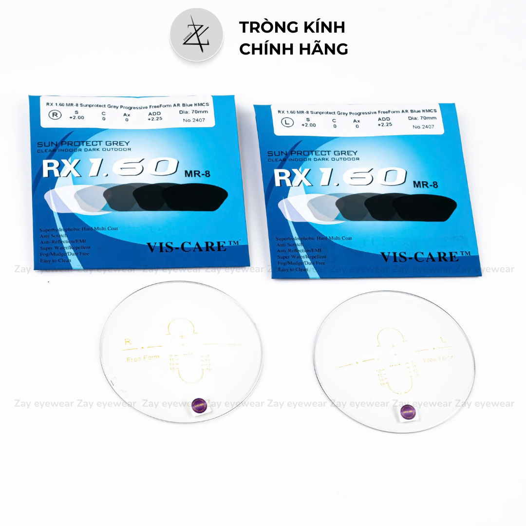  Đa tròng Freeform Đổi màu lọc ánh sáng xanh Mỏng 1.60 Vis-Care Singapore Grey Blue Cut tầm nhìn rộng chính hãng 