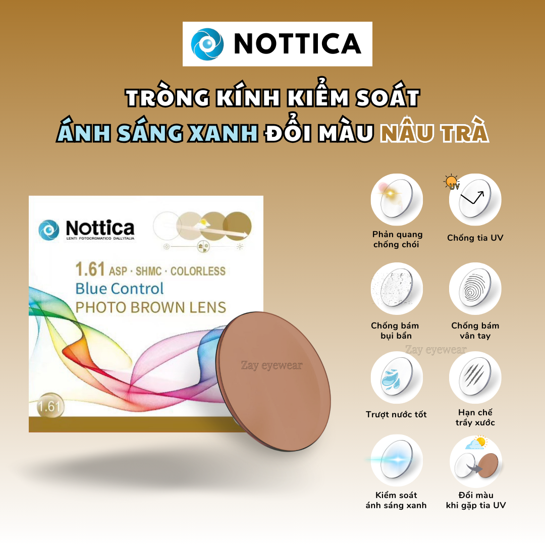  Tròng kính Đổi màu Trendy Lọc ánh sáng xanh Mỏng 1.61 ASP Blue Control Photo Nottica Italy chính hãng 