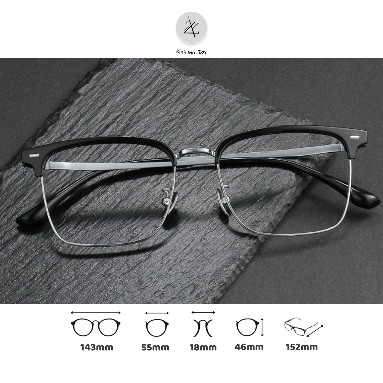  Gọng kính nửa khung Size To 88138 dáng vuông titanium cao cấp 