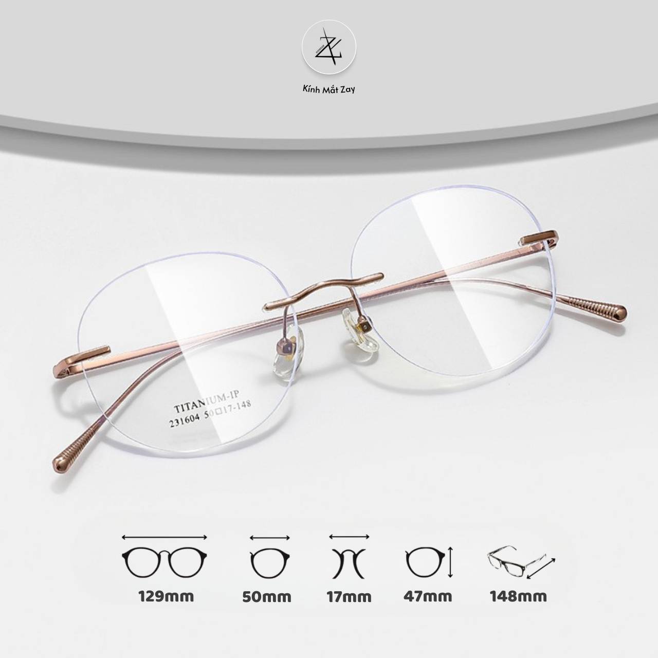  Gọng khoan không viền 231604 dáng tròn titanium cao cấp 