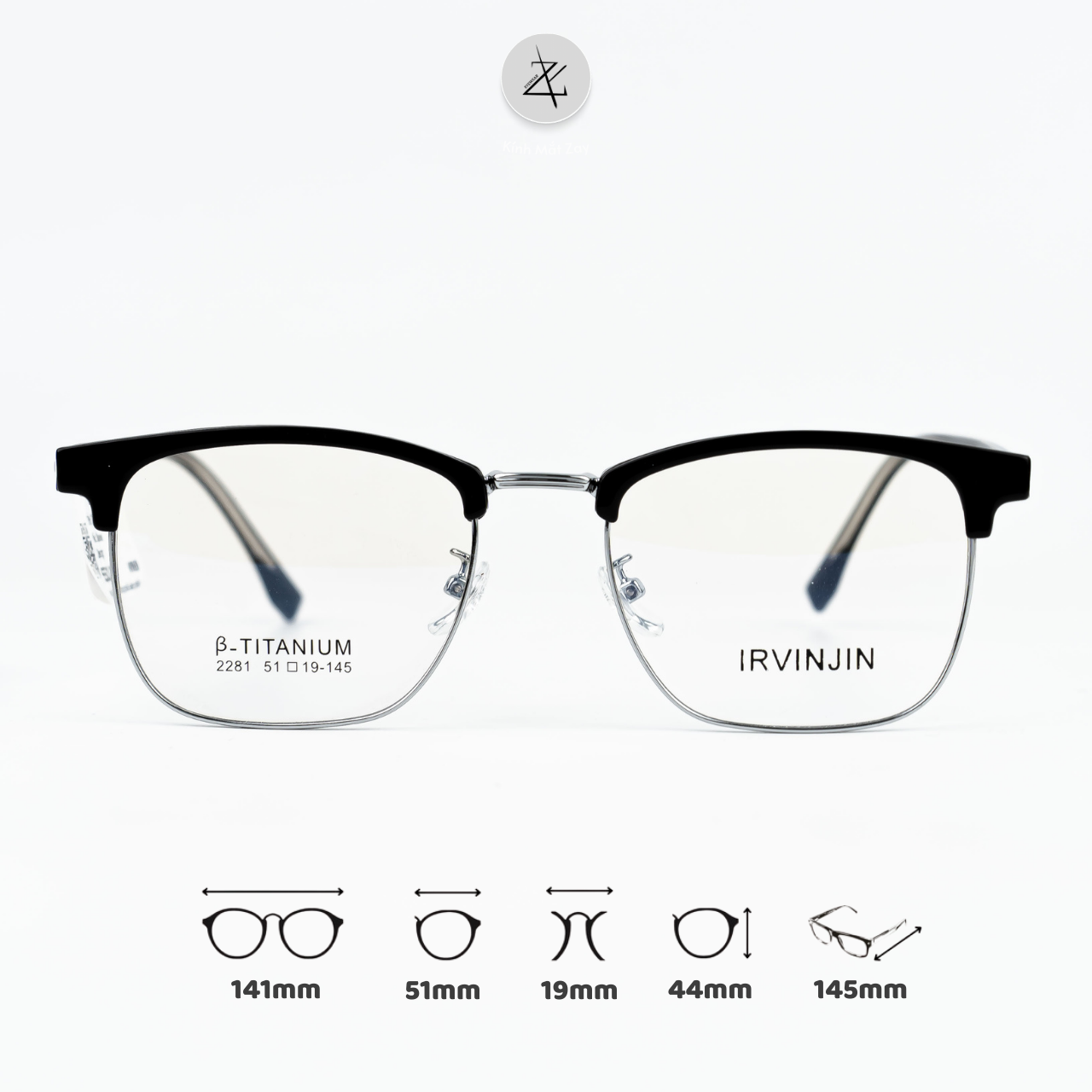  Gọng kính nửa khung IRVINJIN 2281 dáng vuông nhựa & titanium chính hãng 