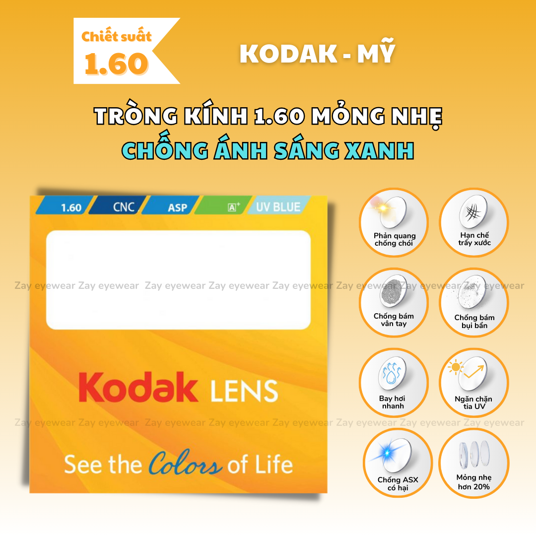  Tròng kính Chống ánh sáng xanh Siêu mỏng Kodak UVBlue Lens 1.60 Mỹ chính hãng 
