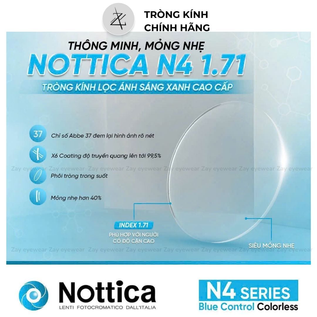  Tròng kính Chống ánh sáng xanh Siêu mỏng 1.71 Nottica Italy chính hãng 