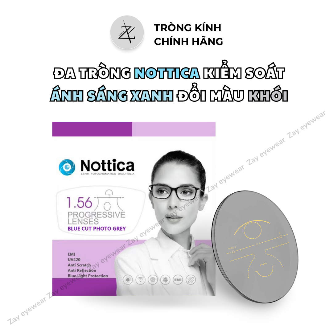  Đa tròng Đổi màu Chống ánh sáng xanh 1.56 Progressive Nottica Italy chính hãng 