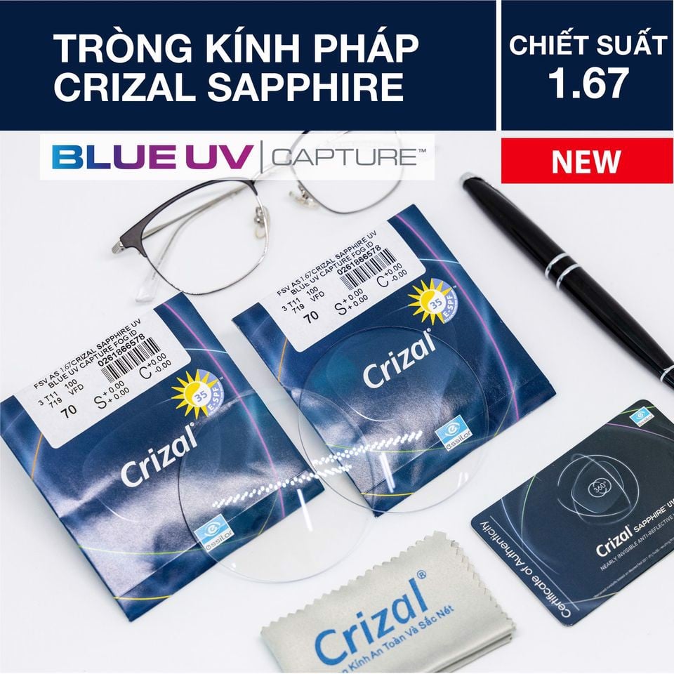  Tròng Kính cận loạn siêu mỏng Pháp Essilor Crizal Sapphire 360° ngăn ánh sáng xanh Blue UV Capture chính hãng 
