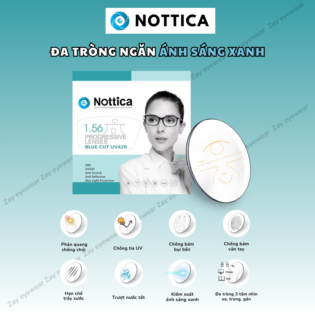  Đa tròng Ngăn ánh sáng xanh Nottica 1.56 Ý chính hãng 
