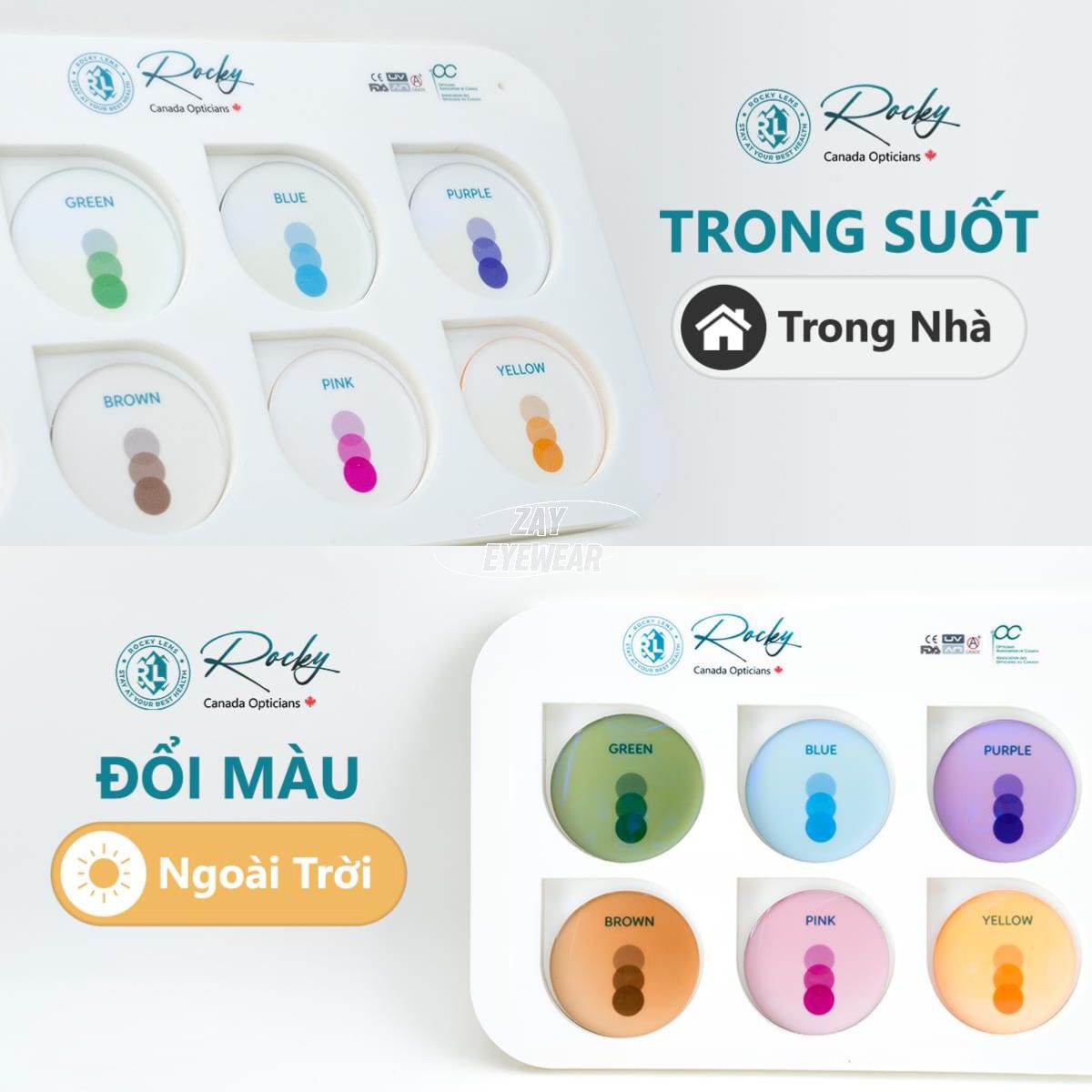  Tròng kính Đổi màu Trendy Lọc ánh sáng xanh Rocky Canada Photochromic 1.56 SHMC chống tia UV chính hãng 