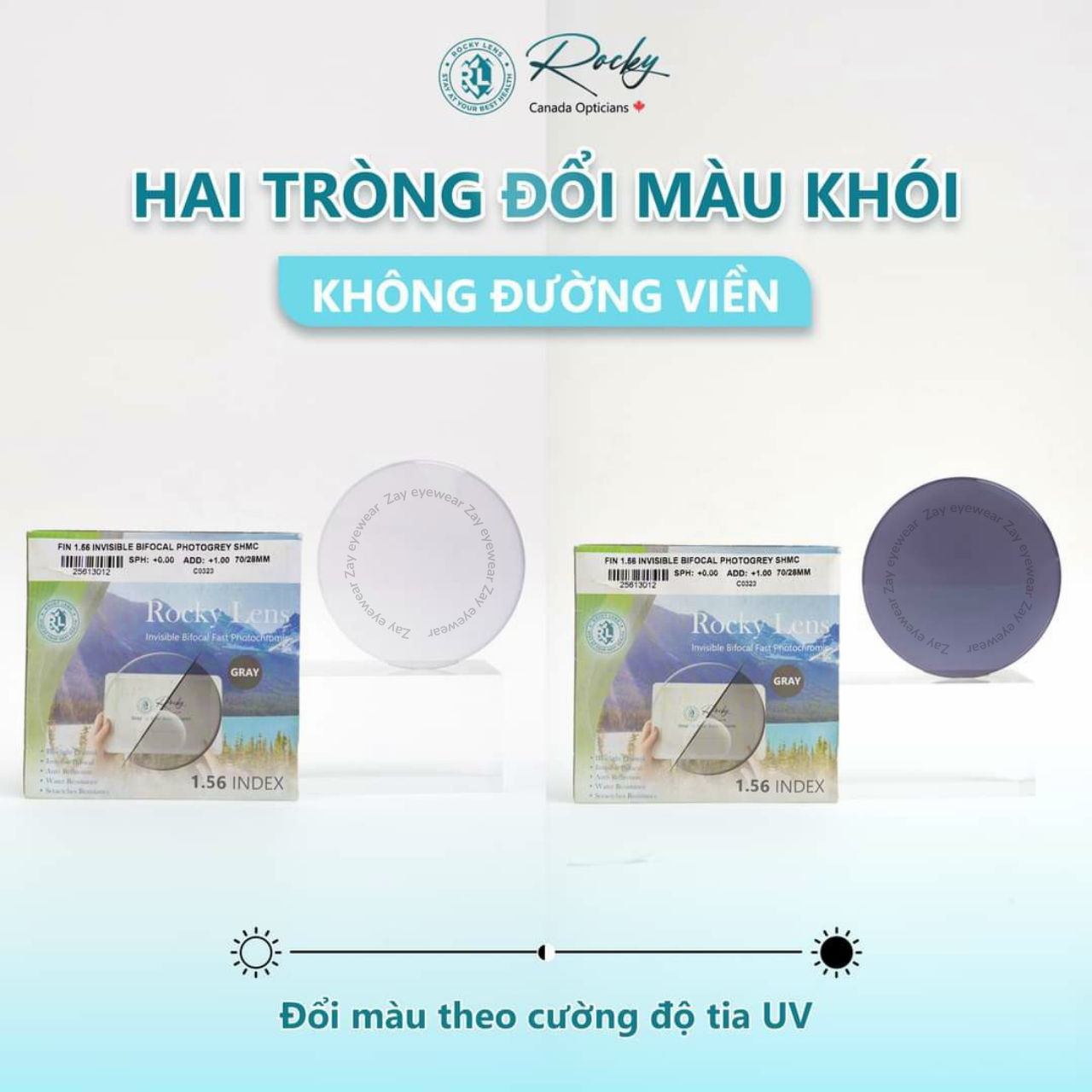  Hai tròng Chống ánh sáng xanh / Đổi màu lọc ánh sáng xanh Rocky Canada 1.56 ASP chính hãng 