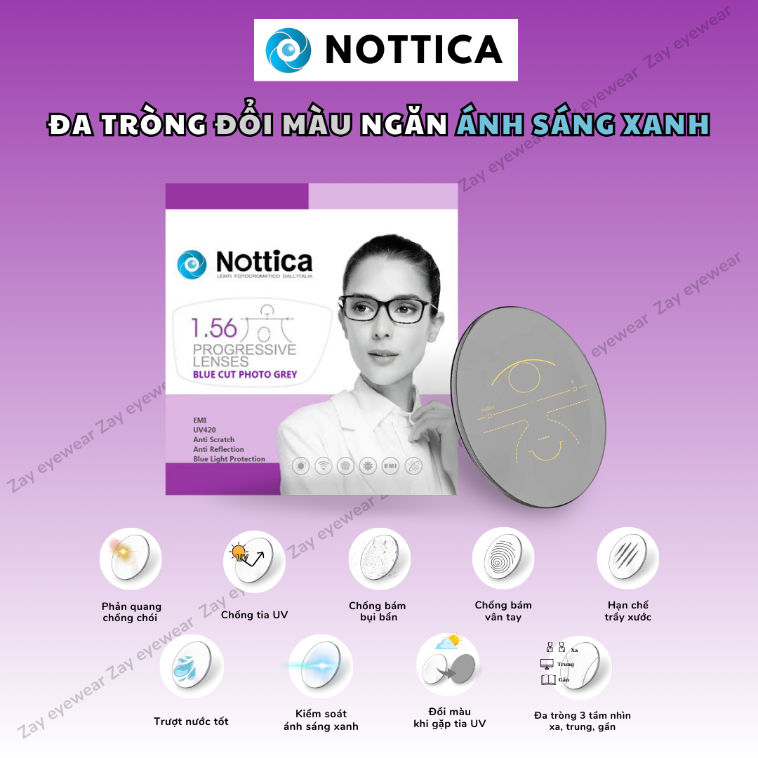  Đa tròng Đổi màu khói Ngăn ánh sáng xanh Nottica 1.56 Ý chính hãng 