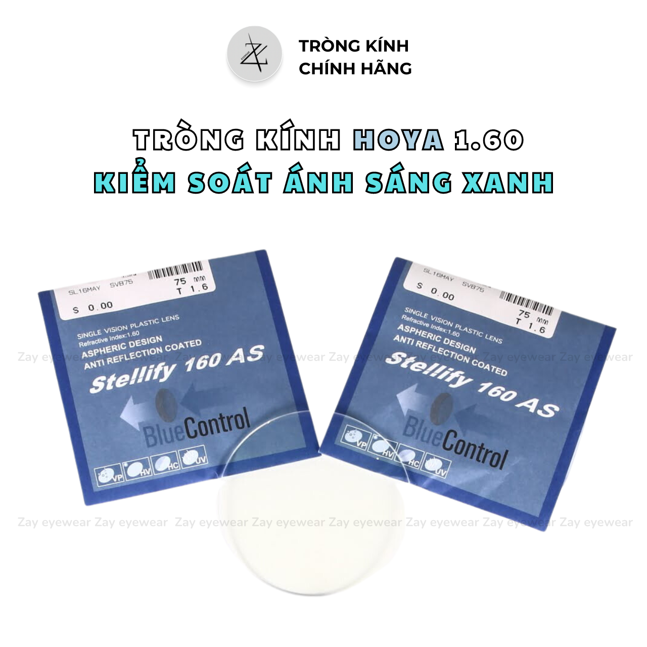  Tròng kính Chống ánh sáng xanh Mỏng Hoya 1.55 1.60 Stellify Blue Control Nhật Bản chính hãng 