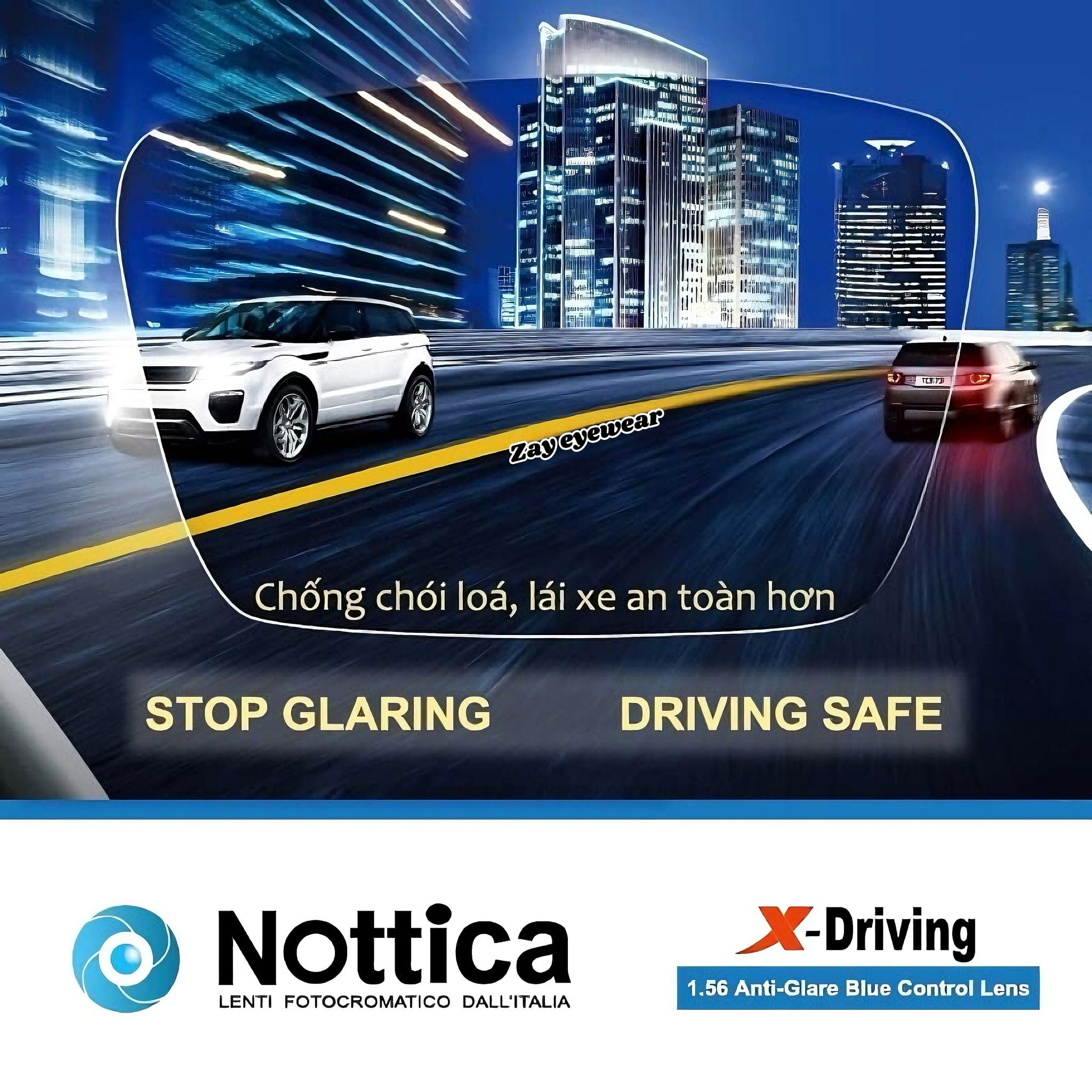  Tròng kính chuyên dụng cho lái xe chống chói đèn xe Đổi màu Ngăn ánh sáng xanh Nottica 1.56 chính hãng 