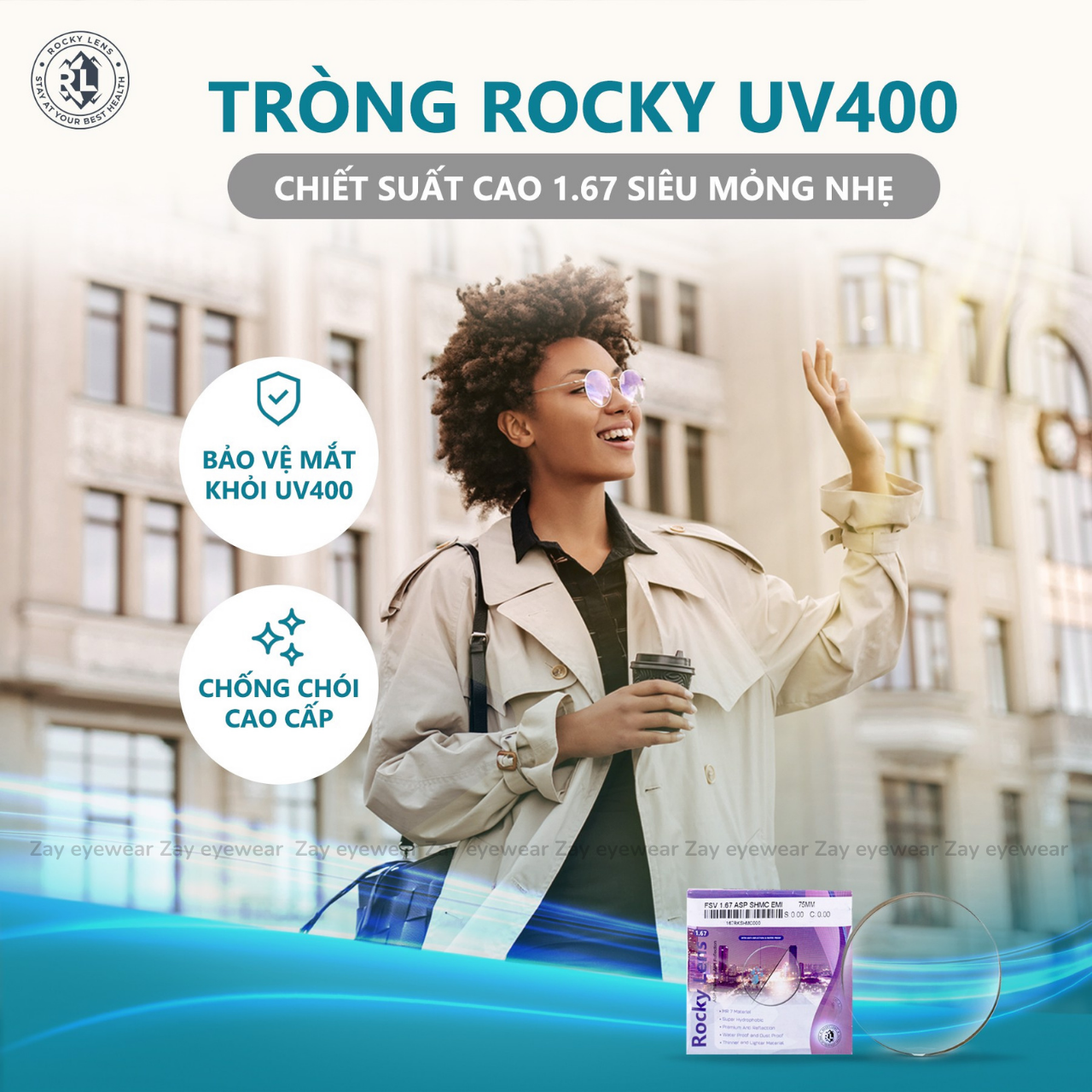  Tròng kính Siêu mỏng 1.67 chống bể chống UV Rocky Canada SHMC chính hãng 