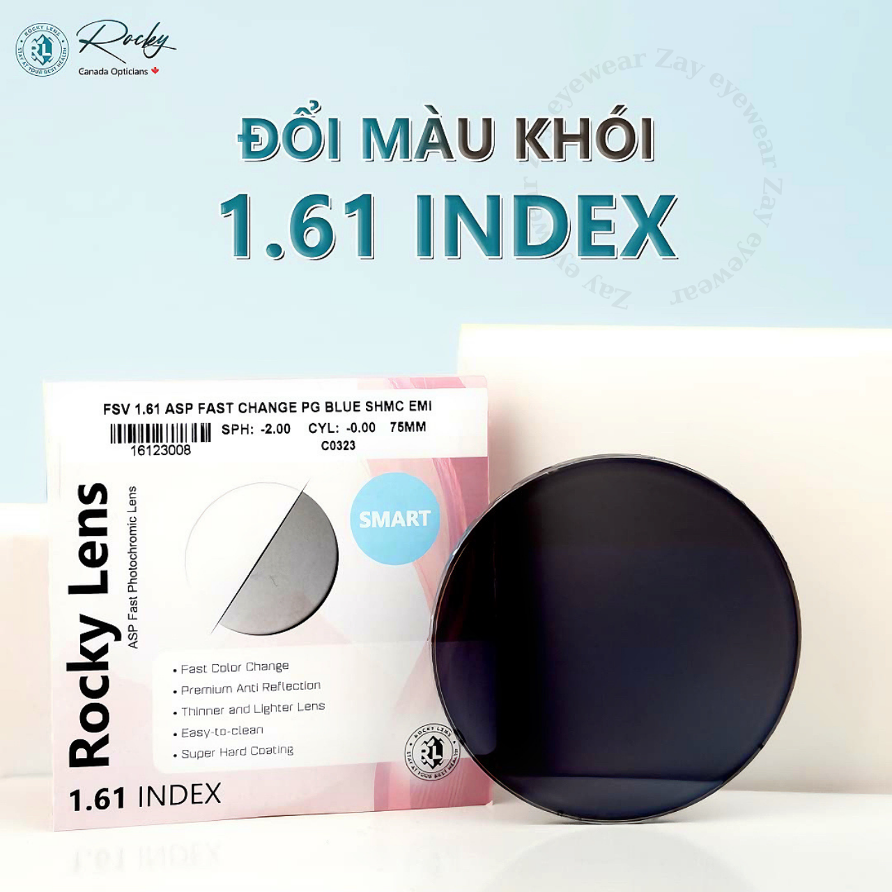  Tròng kính Đổi màu khói Siêu mỏng Lọc ánh sáng xanh Rocky Smart 1.56 1.61 1.67 Asp chính hãng 