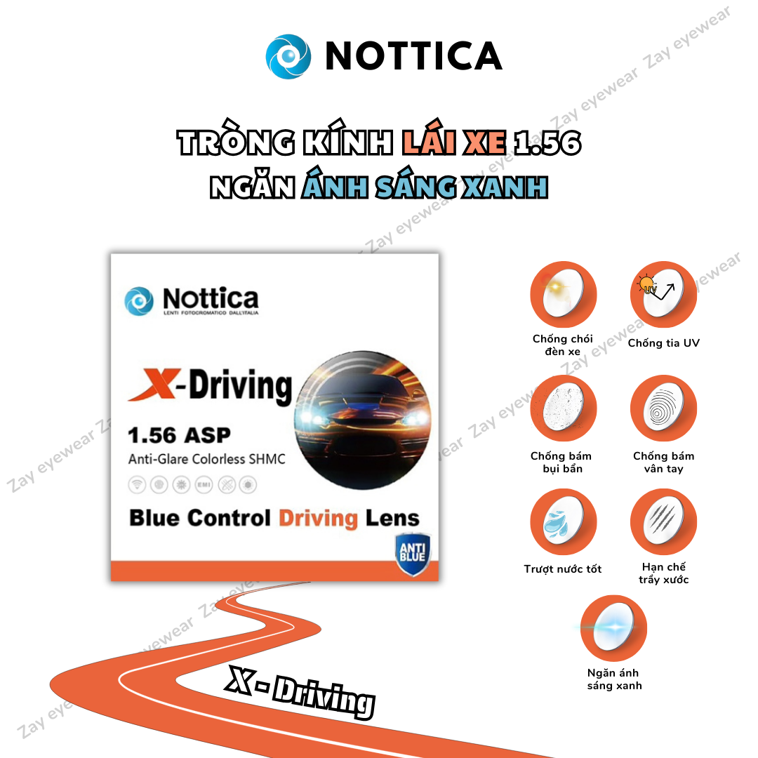  Tròng kính Chuyên dụng cho lái xe giảm chói đèn xe Chống ánh sáng xanh 1.56  Nottica Italy chính hãng 