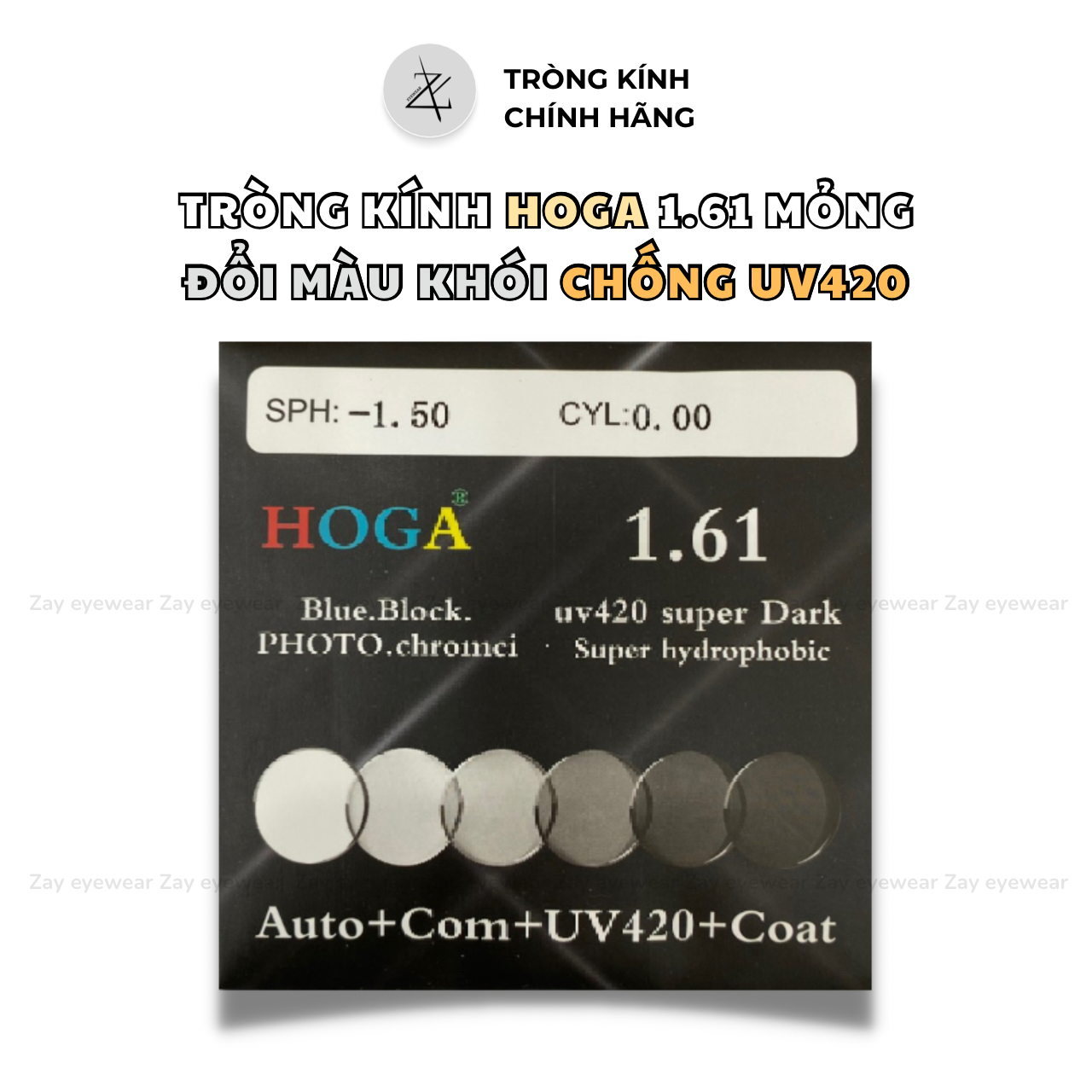  Tròng kính Đổi màu Khói / Xanh Sapphire Lọc ánh sáng xanh Hoga Hàn Quốc 1.56 1.61 chính hãng 